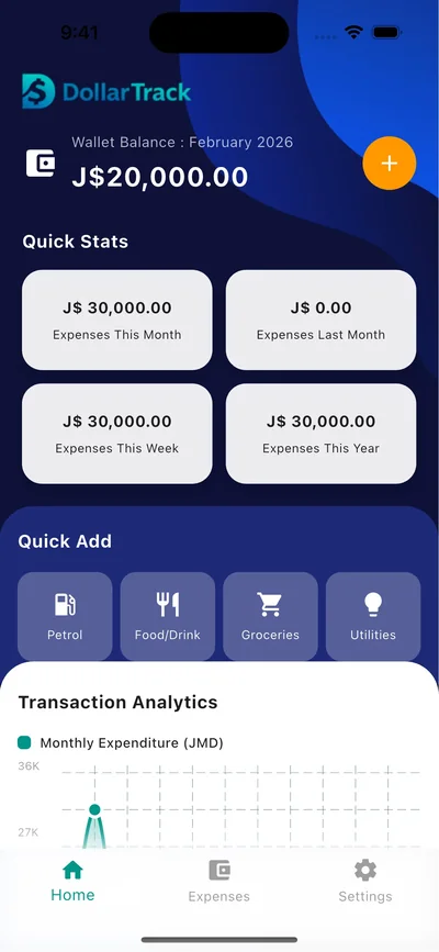 DollarTrack app dashboard showing expense summaries and transaction analytics