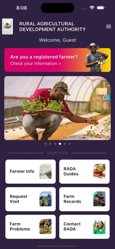 RADA app with farmer information, guides, visit requests and farm records